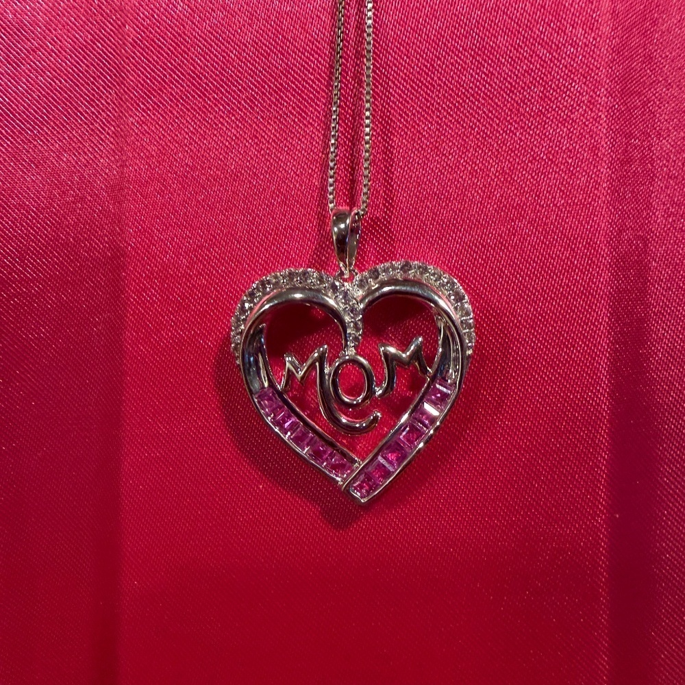 Mom Heart Necklace Sterling Silver Pink Sapphire NIB